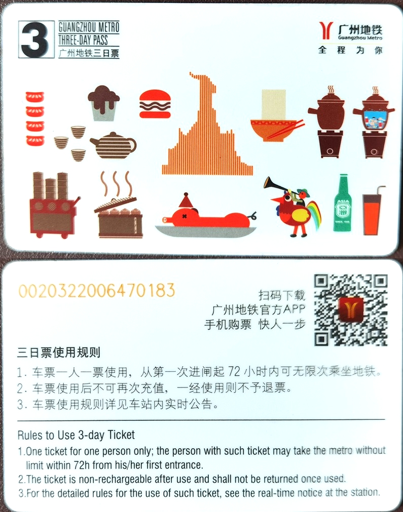 T5366, China Guangzhou City, 3 Day Metro Card (Subway Ticket), Invalid